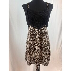 Y2K LA Intimates Leopard Print Lace Bodice Chemise Nightgown Brown Black Small